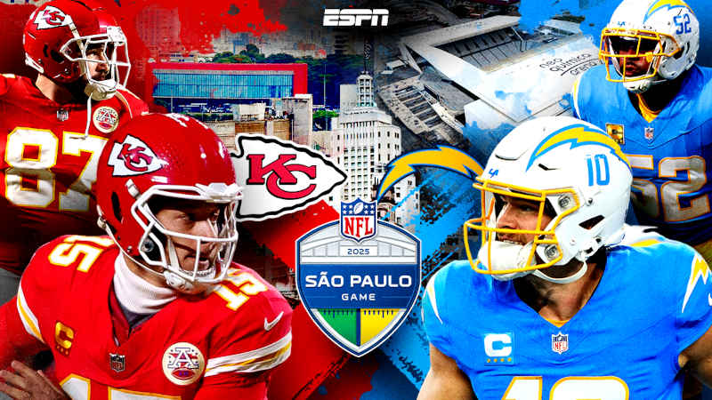 Foto mostrando uma arte da partida entre Kansas City Chiefs e Los Angeles Chargers no jogo da NFL no Brasil