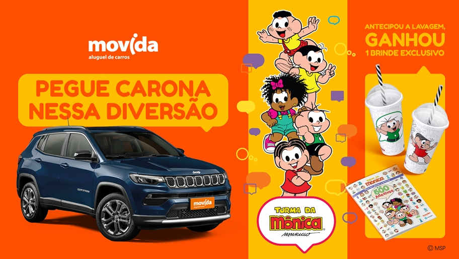 Movida/Divulgação Imagem ilustrativa que mostra a ação promocional da Movida com a Turma da Mônica