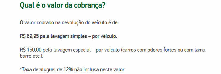 Reprodução do site da Localiza em 16/10/2025 Imagem que mostra os valores das taxas de lavagem de um carro na Localiza