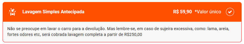Reprodução do site da Movida em 16/10/2025 Imagem que mostra o valor da taxa de lavagem simples de um carro na Movida
