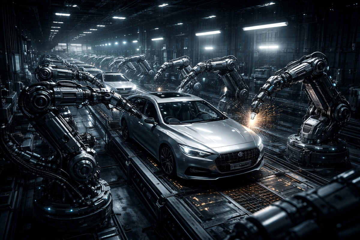 Arte feita por IA (ChatGPT) no dia 27/02/2026 Arte feita por IA da Fábrica escura de veículos