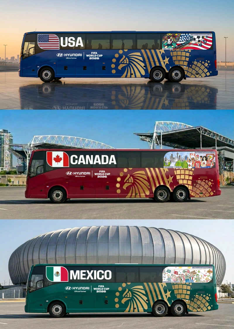 Hyundai/Divulgação Ônibus das seleções nacionais dos EUA, Canadá e México