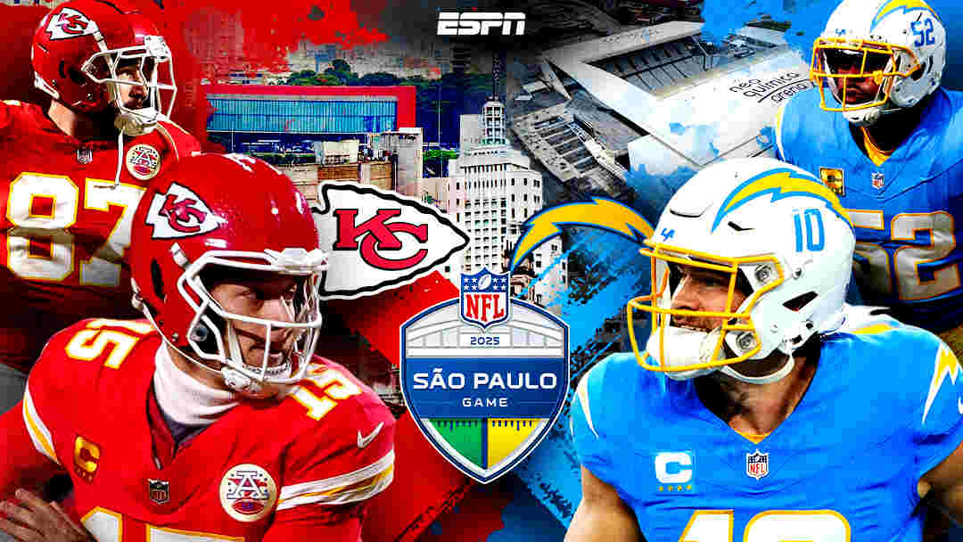 Foto de capa mostrando uma arte da partida entre Kansas City Chiefs e Los Angeles Chargers no jogo da NFL no Brasil