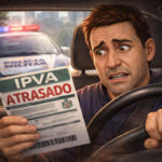Arte demostrando um motorista preocupado com o IPVA atrasado