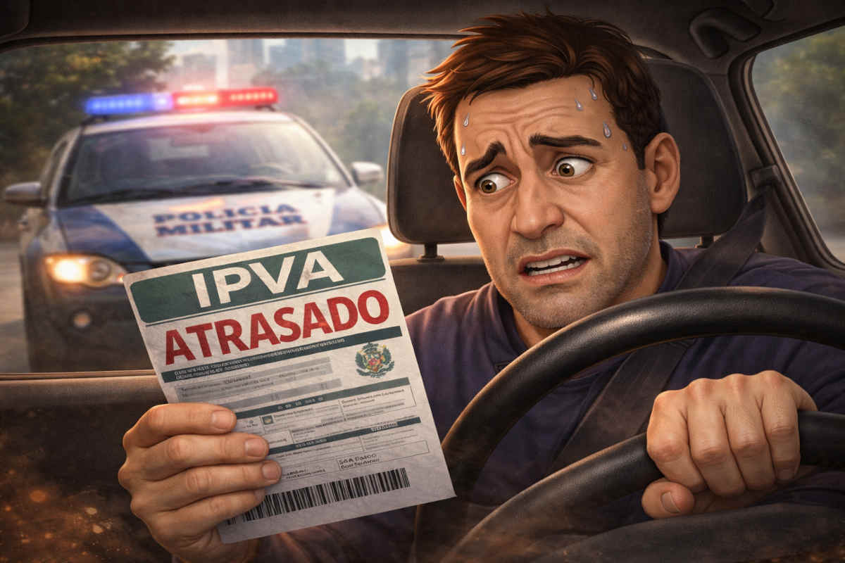 Arte demostrando um motorista preocupado com o IPVA atrasado