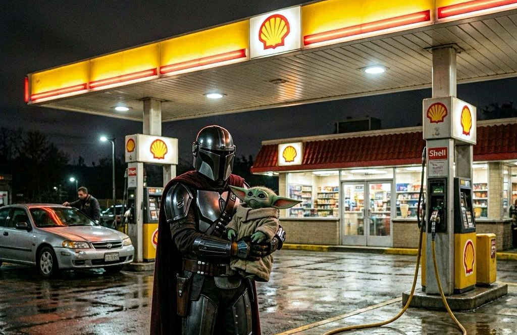 Arte feita por IA do Mandaloriano e Grogu num posto Shell