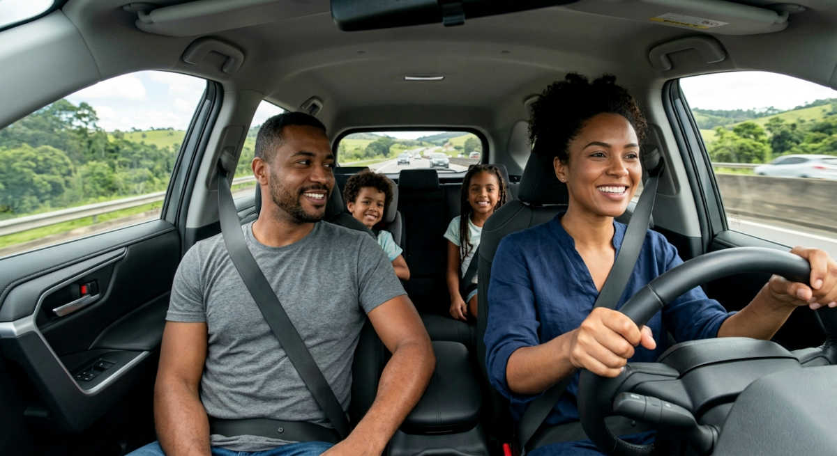 Imagem criada por IA de uma família viajando de carro no Dia das Crianças